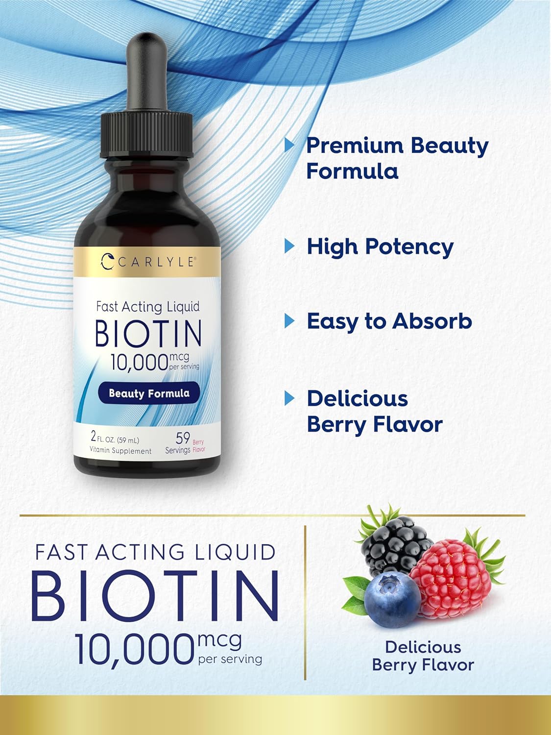 Carlyle Biotina Líquida 10000mcg | 59 ml | Gotas de Alta Concentración | Suplemento Vegetariano, No GMO, Sin Gluten
