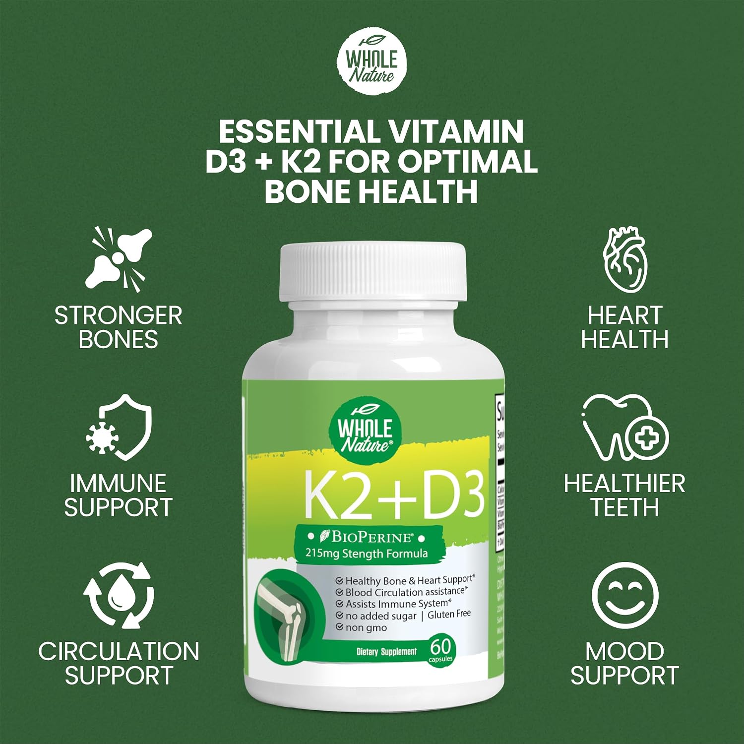 Whole Nature Vitamina D3 + K2 MK-7 con BioPerine - 5000 UI D3 + K2 MK-7 para Huesos - 60 Cápsulas Veganas
