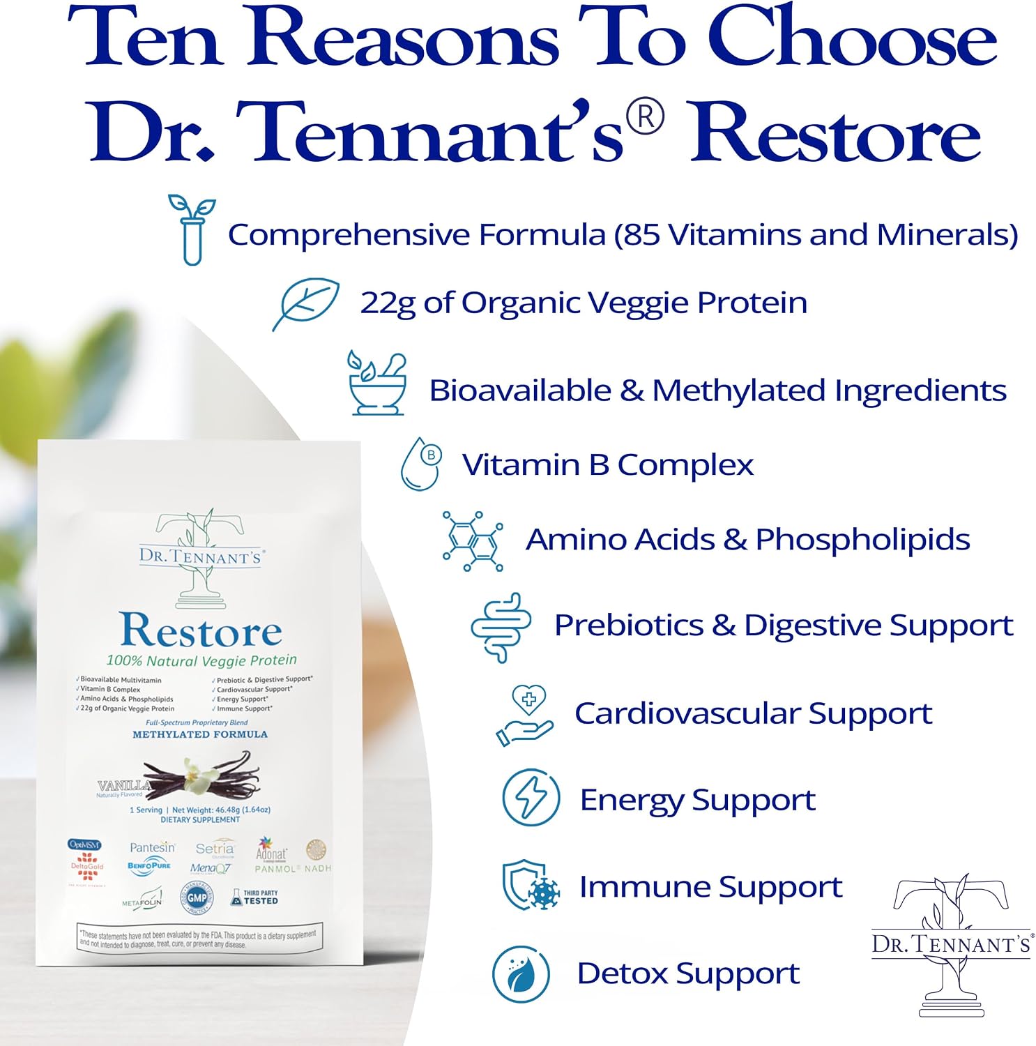 Dr. Tennant's Restore Vanilla Shake | 50+ Vitaminas Metiladas | 23g Proteína Vegana | 14 Días