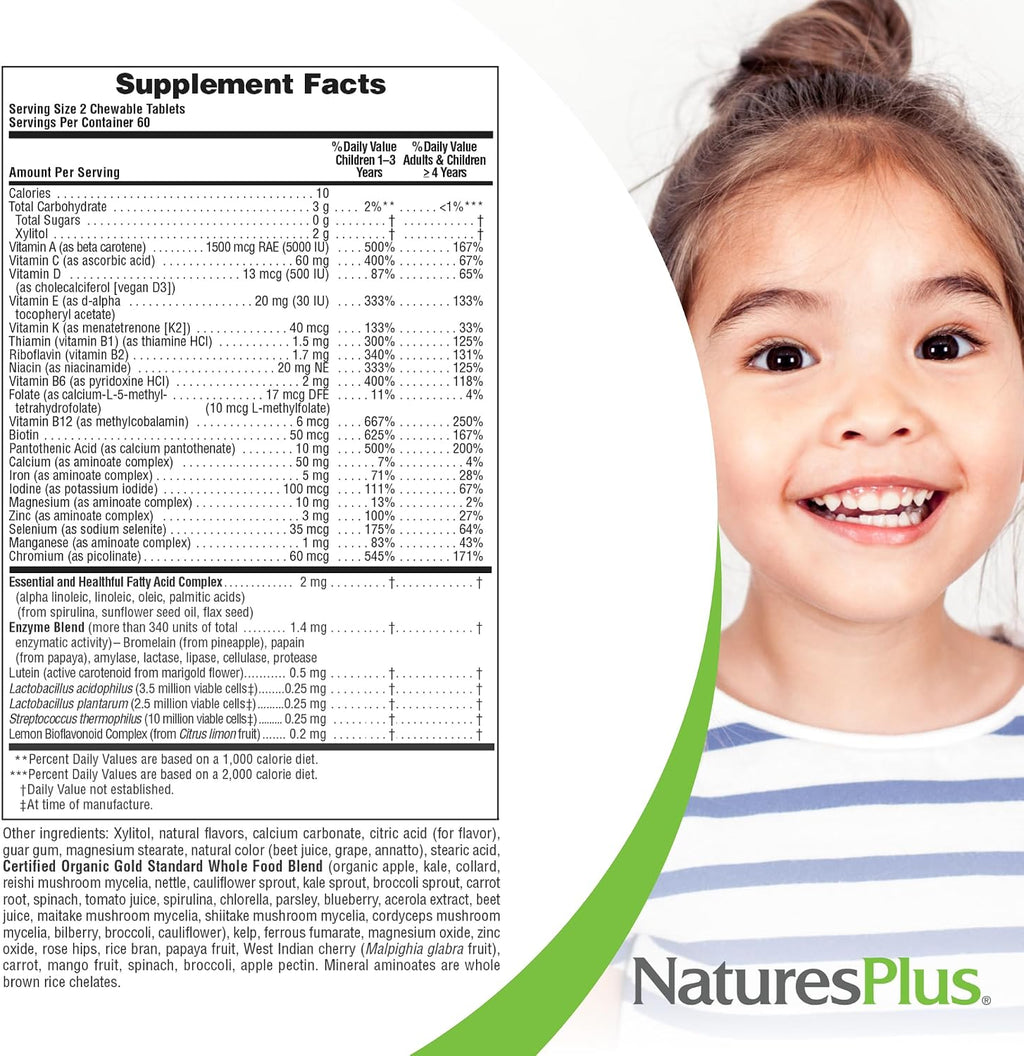 NaturesPlus Animal Parade Gold Children's Multivitamin - 120 Animal-Shaped Chewable Tablets - Cherry, Orange & Grape Flavors - Vegan, Gluten-Free