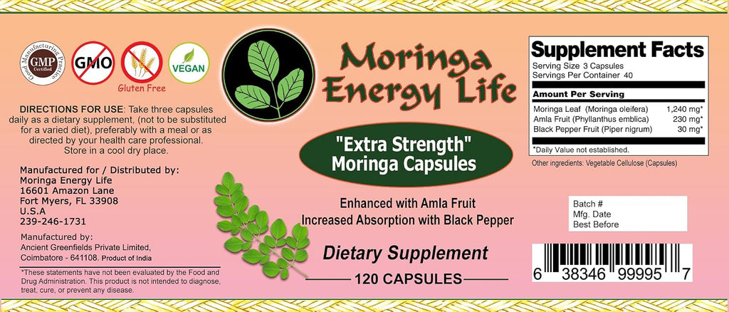 Moringa Extra Strength Cápsulas 120 - Moringa Oleifera, Amla, Pimienta Negra - Vegano, Sin Gluten, No OGM