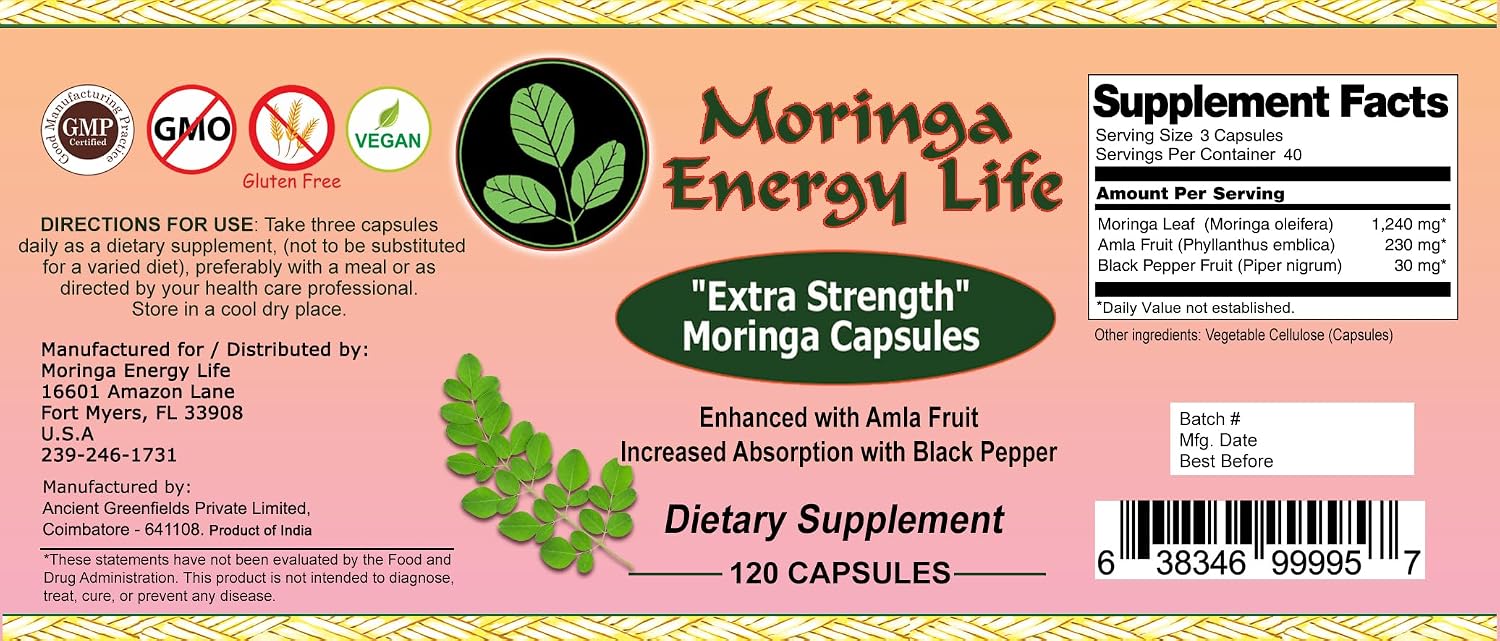 Moringa Extra Strength Cápsulas 120 - Moringa Oleifera, Amla, Pimienta Negra - Vegano, Sin Gluten, No OGM