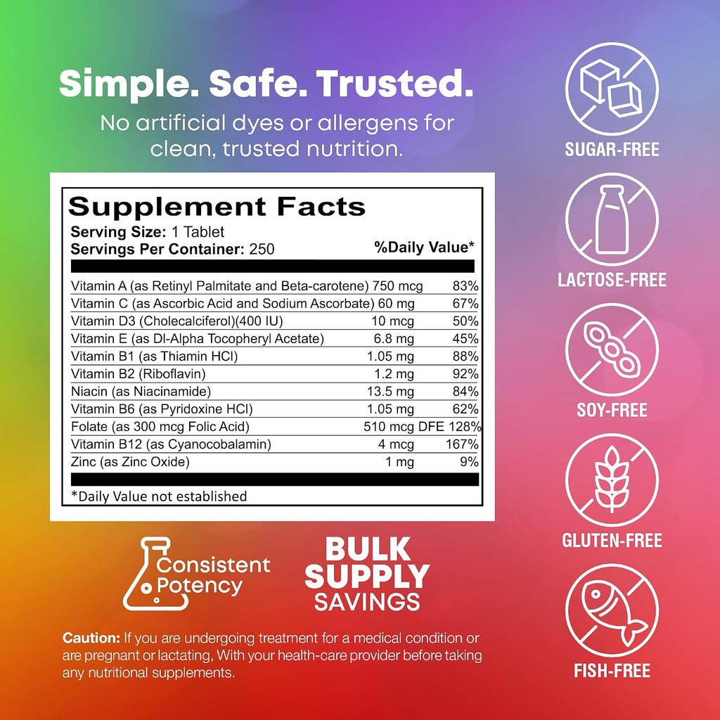 NutraBulk Niños Multivitamínico Masticable - 250 Tabletas Sabor Cereza