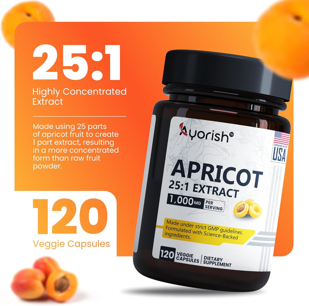 Ayorish Extracto de Albaricoque 25:1, 500 mg por Cápsula, 1000 mg por Ración - 120 Cápsulas