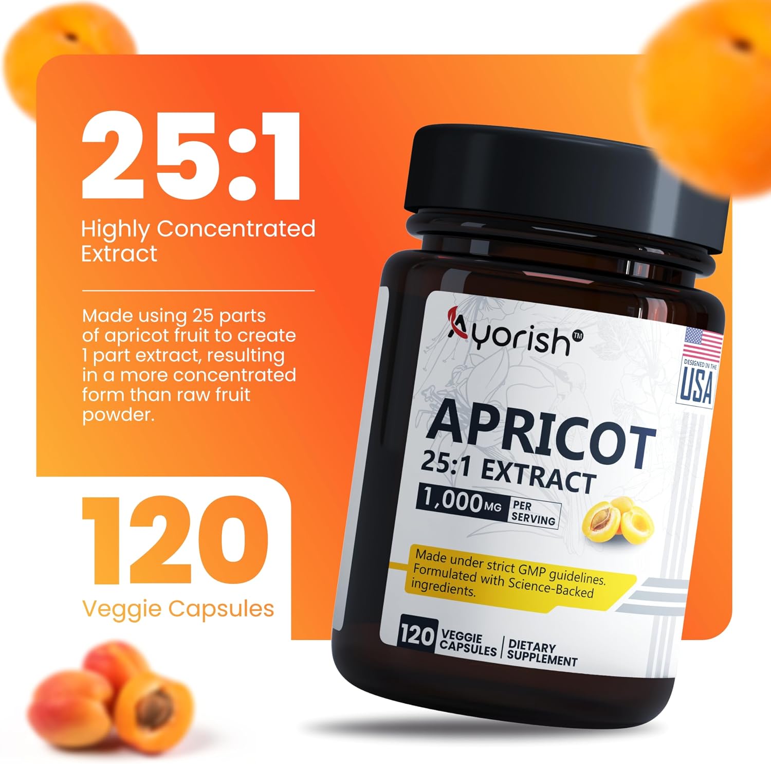 Ayorish Extracto de Albaricoque 25:1, 500 mg por Cápsula, 1000 mg por Ración - 120 Cápsulas