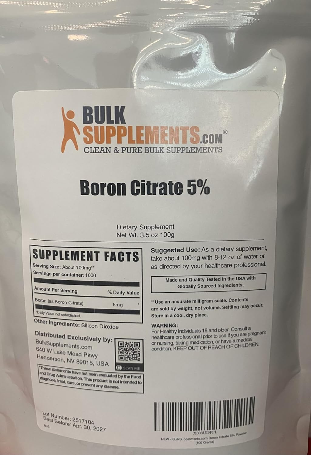 Citrato de Boro en Polvo - 100 g (3.5 oz) - Suplemento de Boro para Hombres y Mujeres