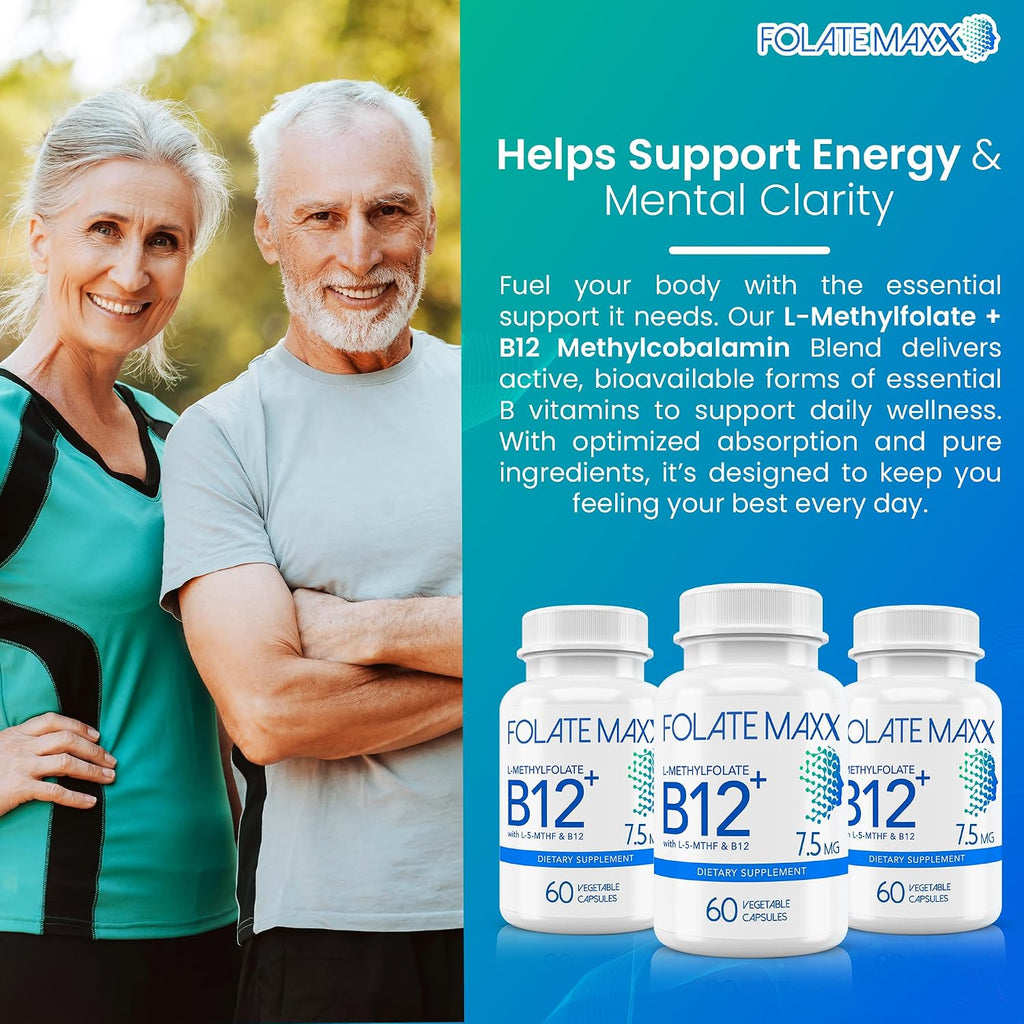 L-Methylfolate 7.5mg con B12 Metil - 60 Cápsulas - 5-MTHF con B12 Metilcobalamina para el Estado de Ánimo, Metilación y Cognición - Formas Bioactivas de Vitamina B9 y B12 - Suministro para 2 Meses