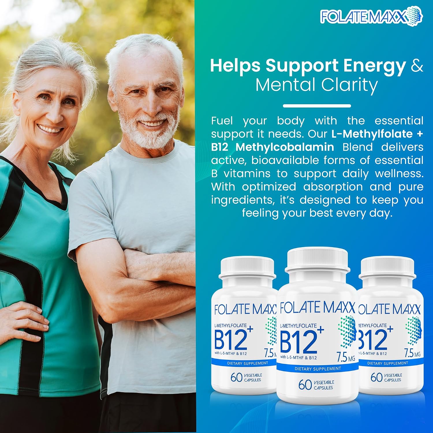 L-Methylfolate 7.5mg con B12 Metil - 60 Cápsulas - 5-MTHF con B12 Metilcobalamina para el Estado de Ánimo, Metilación y Cognición - Formas Bioactivas de Vitamina B9 y B12 - Suministro para 2 Meses