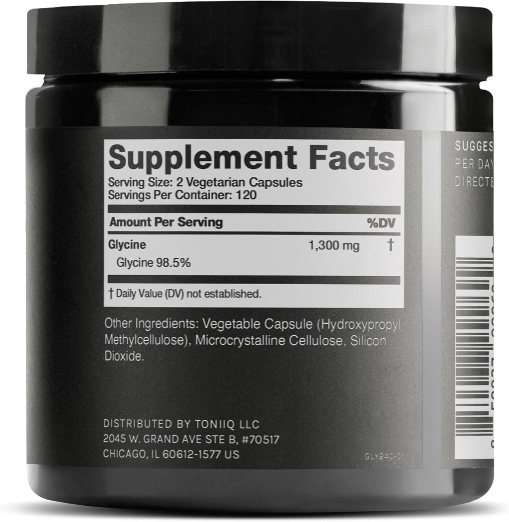 Toniiq Glicina 1300mg - Suplemento de Glicina en Cápsulas Vegetarianas - 240 Cápsulas - 120 Dosis - Alta Pureza - 4 Meses de Suministro