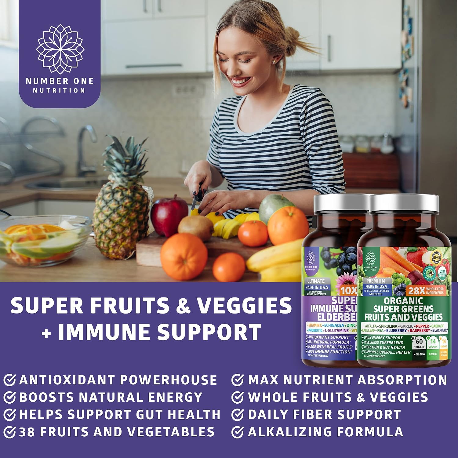 N1N Premium Organic Super Fruits & Veggies + Immune Support - 120 Cápsulas