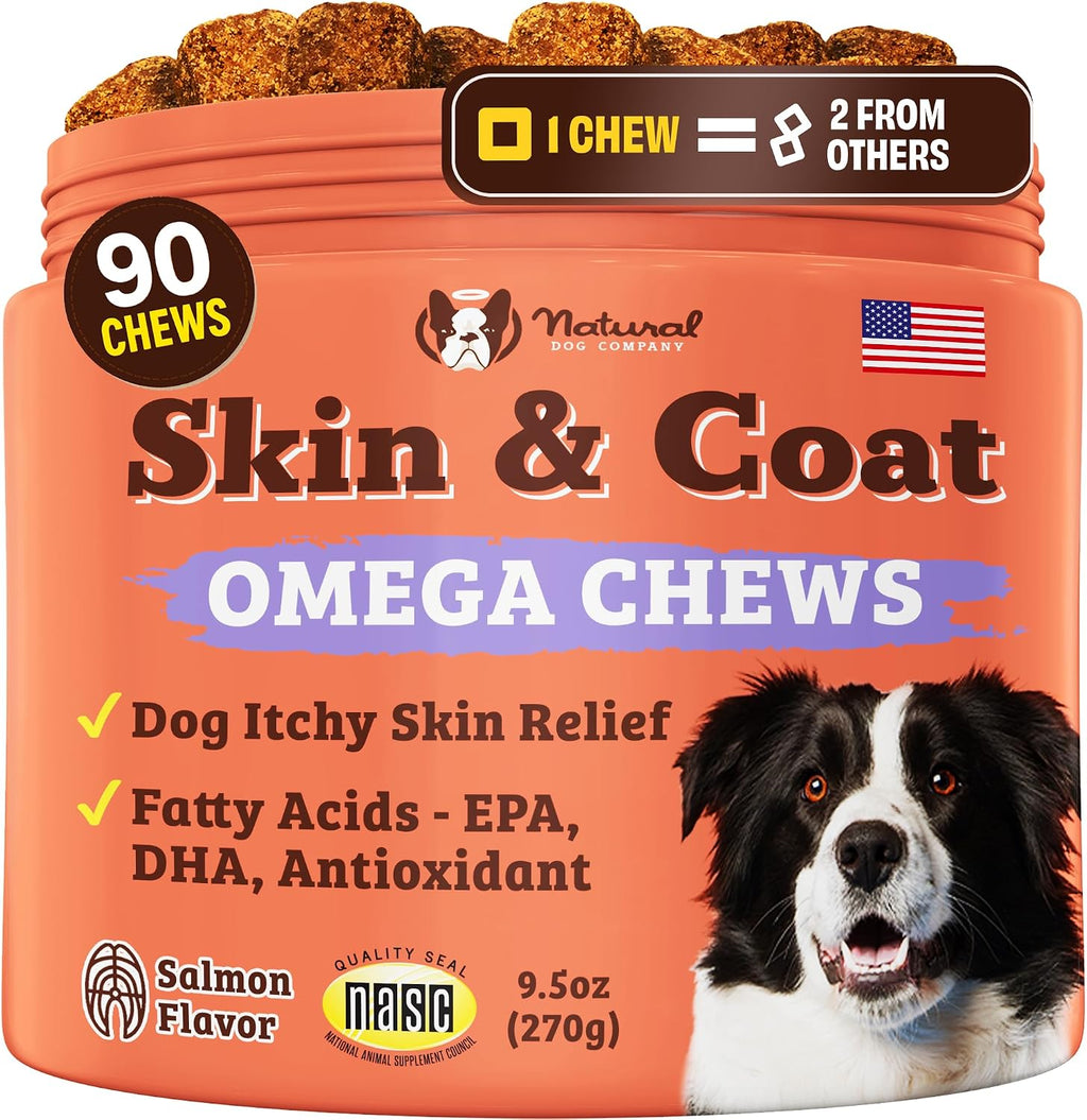 Natural Dog Company – Complemento de Aceite de Salmón Omega 3 para Perros, Piel y Pelaje, 90 masticables