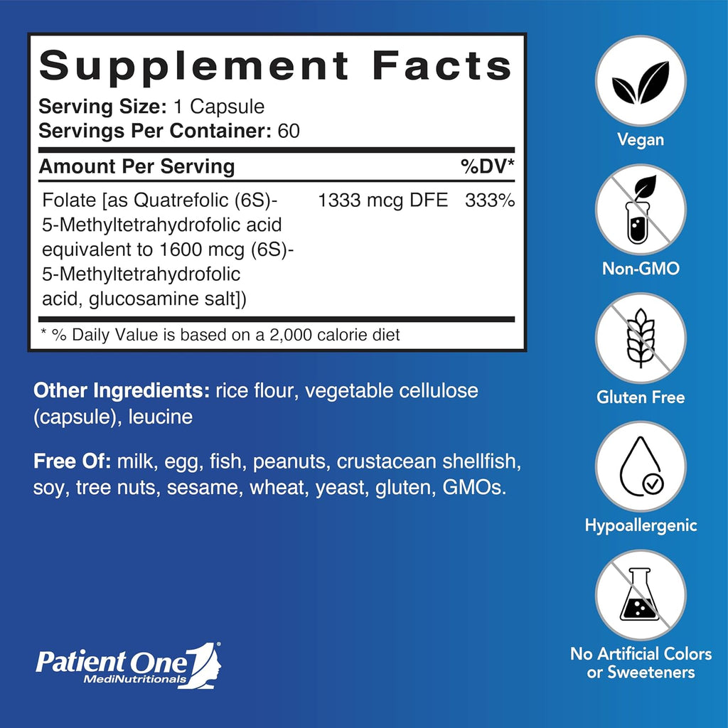 Patient One Q-Folate 800mcg | Complemento de Metilfolato (5-MTHF) para Energía, Salud Cerebral y Cardíaca* | 60 Cápsulas