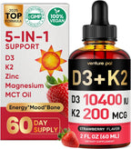 Venture Pal 5-en-1 Gotas de Vitamina D3 K2 - 10.000 UI D3 y 200 mcg K2 (MK-7) con Magnesio, Zinc y Aceite MCT - 60 ml, 60 Días