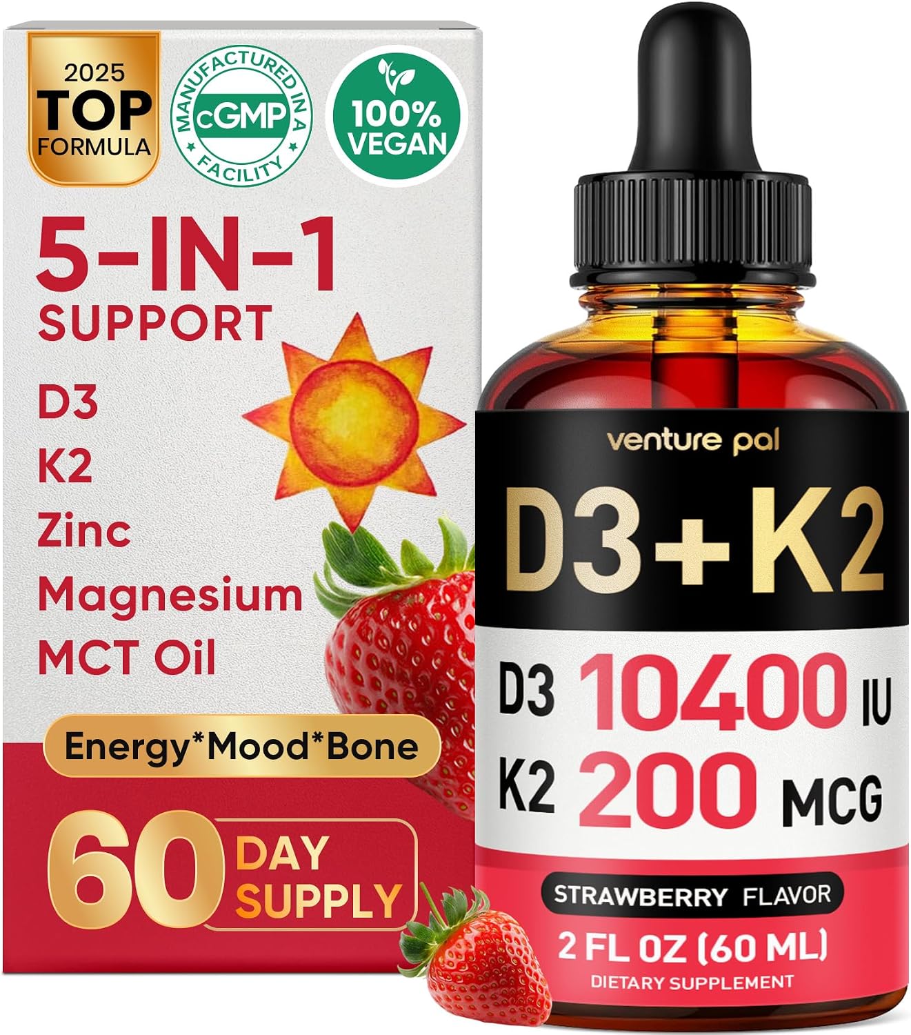 Venture Pal 5-en-1 Gotas de Vitamina D3 K2 - 10.000 UI D3 y 200 mcg K2 (MK-7) con Magnesio, Zinc y Aceite MCT - 60 ml, 60 Días