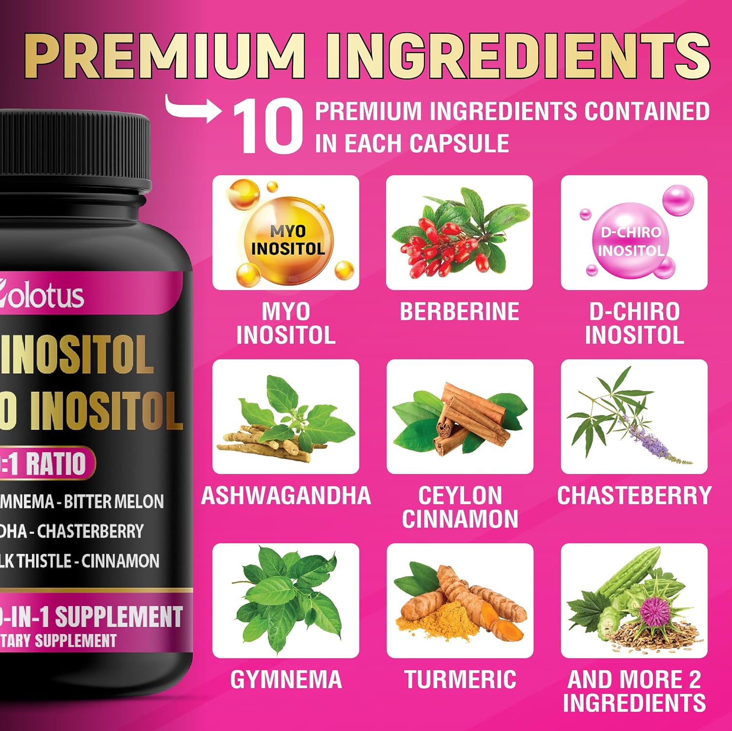 Zolotus Myo-Inositol & D-Chiro Inositol - Suplemento con Hierbas, 90 Cápsulas