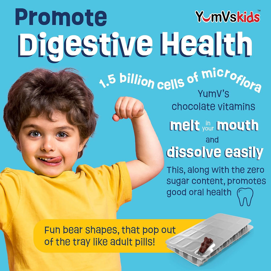 YUM-V'S Probióticos para Niños Ositos de Chocolate - Suplemento Probiótico con 1.000 Millones de UFC y Fibra Prebiótica - Sin Azúcar - 60+60 Unidades
