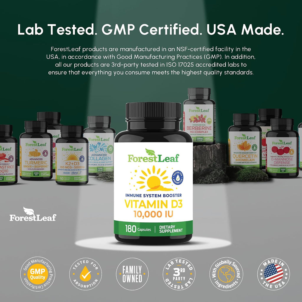 ForestLeaf Vitamin D3 10,000 IU | Vitamina D3 para Huesos, Dientes y Sistema Inmunológico | Cápsulas Fáciles de Tragar | Suministro para 6 Meses, 180 Cápsulas