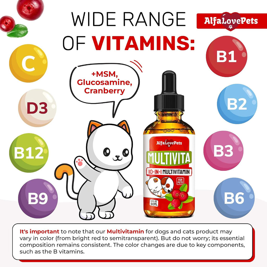Multivitamínico Líquido para Perros y Gatos - 10 en 1 con Vitaminas B, C, D3, Glucosamina y Arándano - Sabor Arándano - 2 oz
