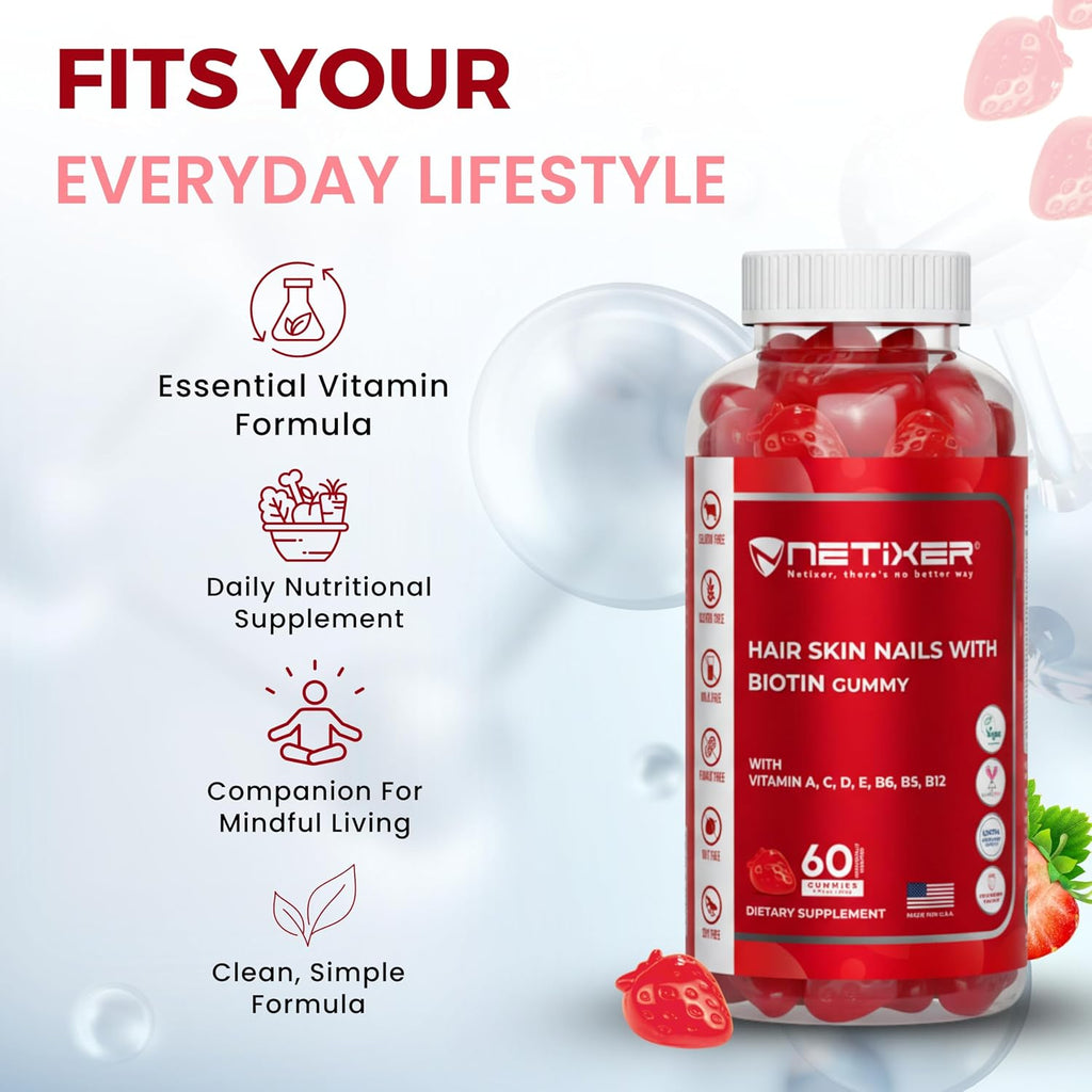 nETiXER Biotin Gummies 5000 mcg | Multivitamin Gummies | Vitamins A C D E B6 B12 with Zinc | Strawberry Flavor | Vegan | Individually Wrapped | 60 Count