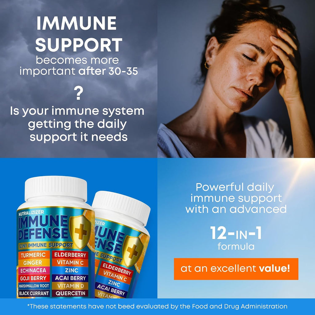 12 en 1 Immune Support Supplement - Immune Defense Vitamins w/Elderberry, Vitamin D3, C, Zinc, Echinacea, Ginger - Natural Immunity System Booster - Immune & Muscle Health 120 Caps