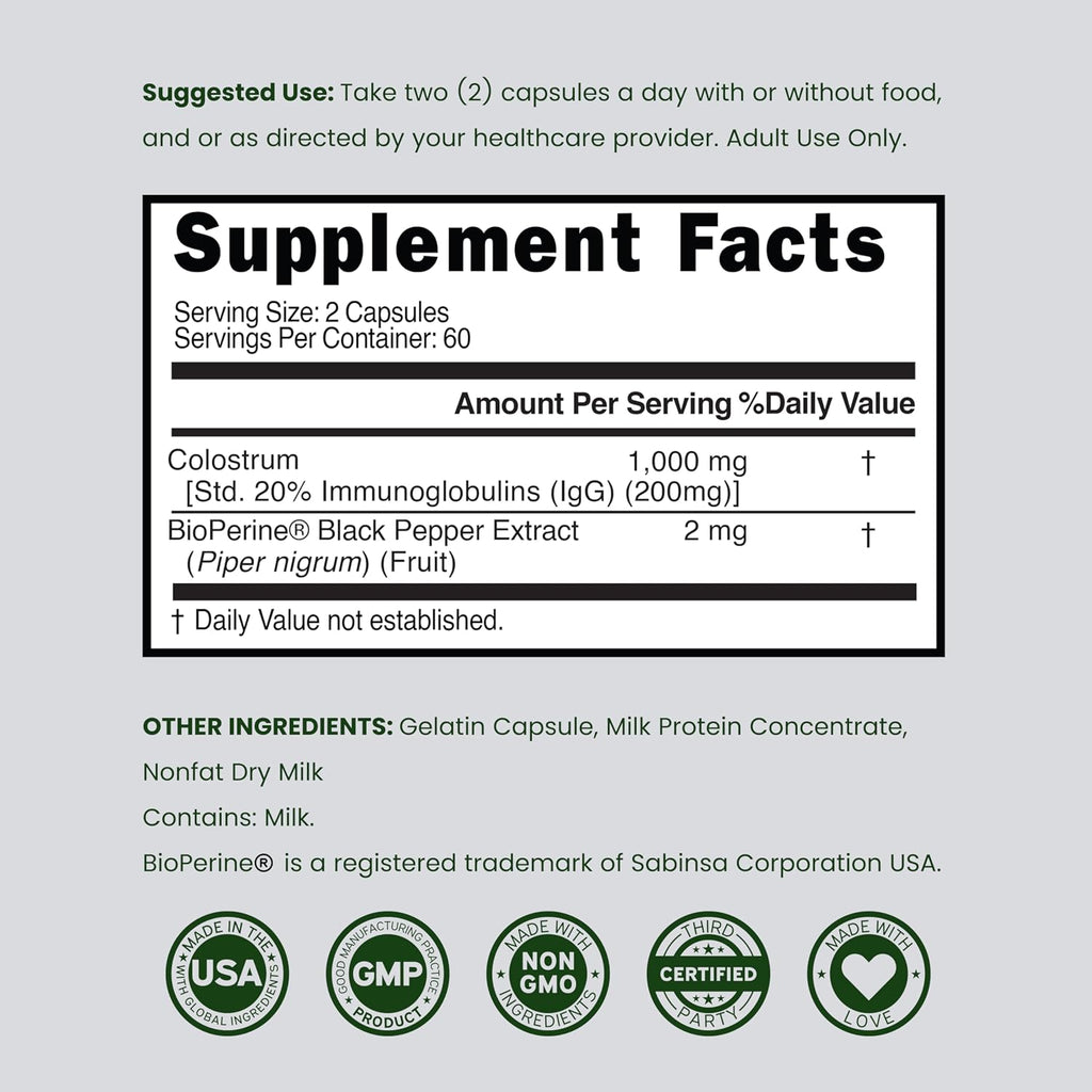 Calostro Bovino (120 Cápsulas) - 1000mg por Ración - 20% IgG - Dorado Nutrition