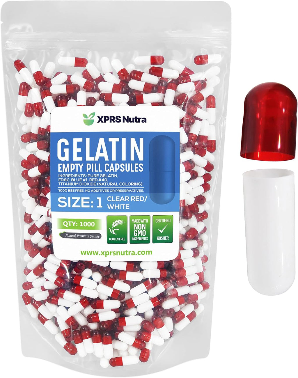Cápsulas Vacías Tamaño 1 de Gelatina - 1000 Unidades - Cápsulas Gelatina Bovinas para Suplementos DIY - XPRS Nutra (Rojo/Blanco Transparente)