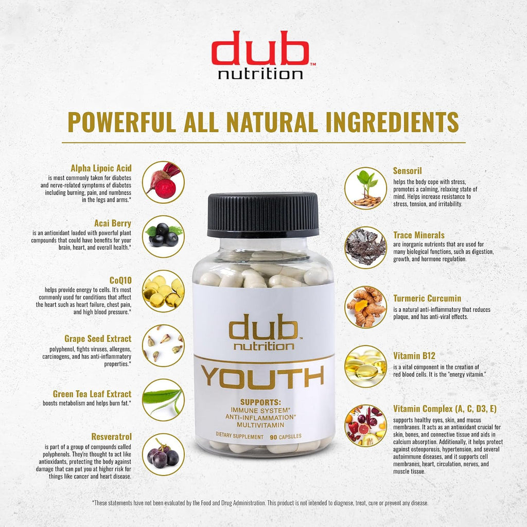 Youth de Dub Nutrition - Fórmula con Acai, Resveratrol, Cúrcuma y Vitaminas - 90 Cápsulas