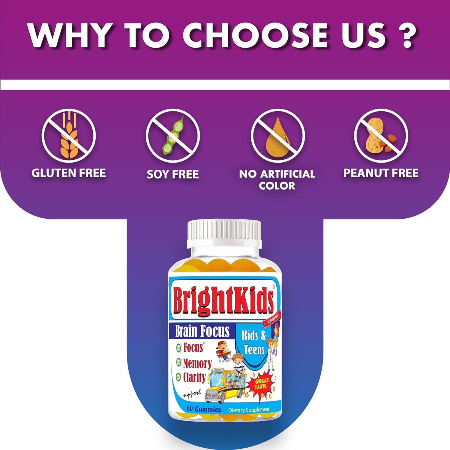 BrightKids Focus Gummies for Kids & Teens - Omega 3 DHA, Memory & Concentration