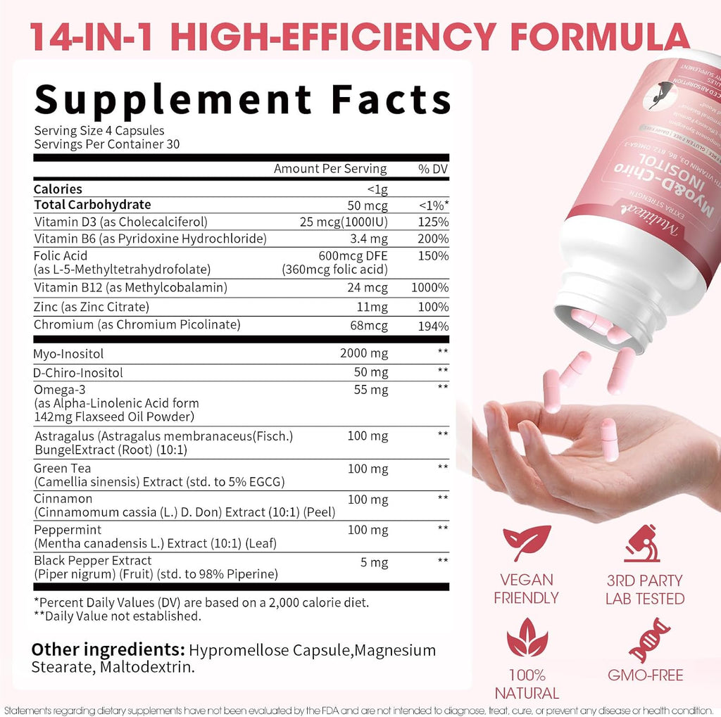 Myo-Inositol y D-Chiro Inositol para Mujeres, 14-en-1 Inositol Liposomal con Ácido Fólico, Omega-3 y Multivitaminas, 120 Cápsulas Veganas