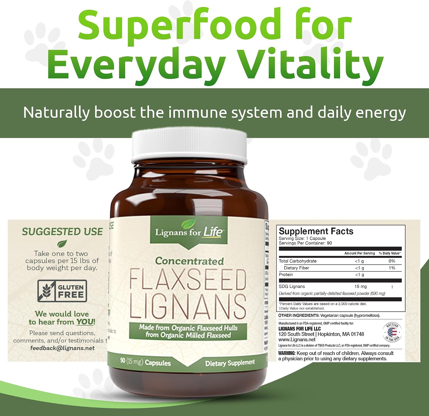 Lignans For Life Lignanos de Linaza - Suplemento Orgánico de Lignanos de Linaza para Perros y Personas, 15mg, 90 Cápsulas
