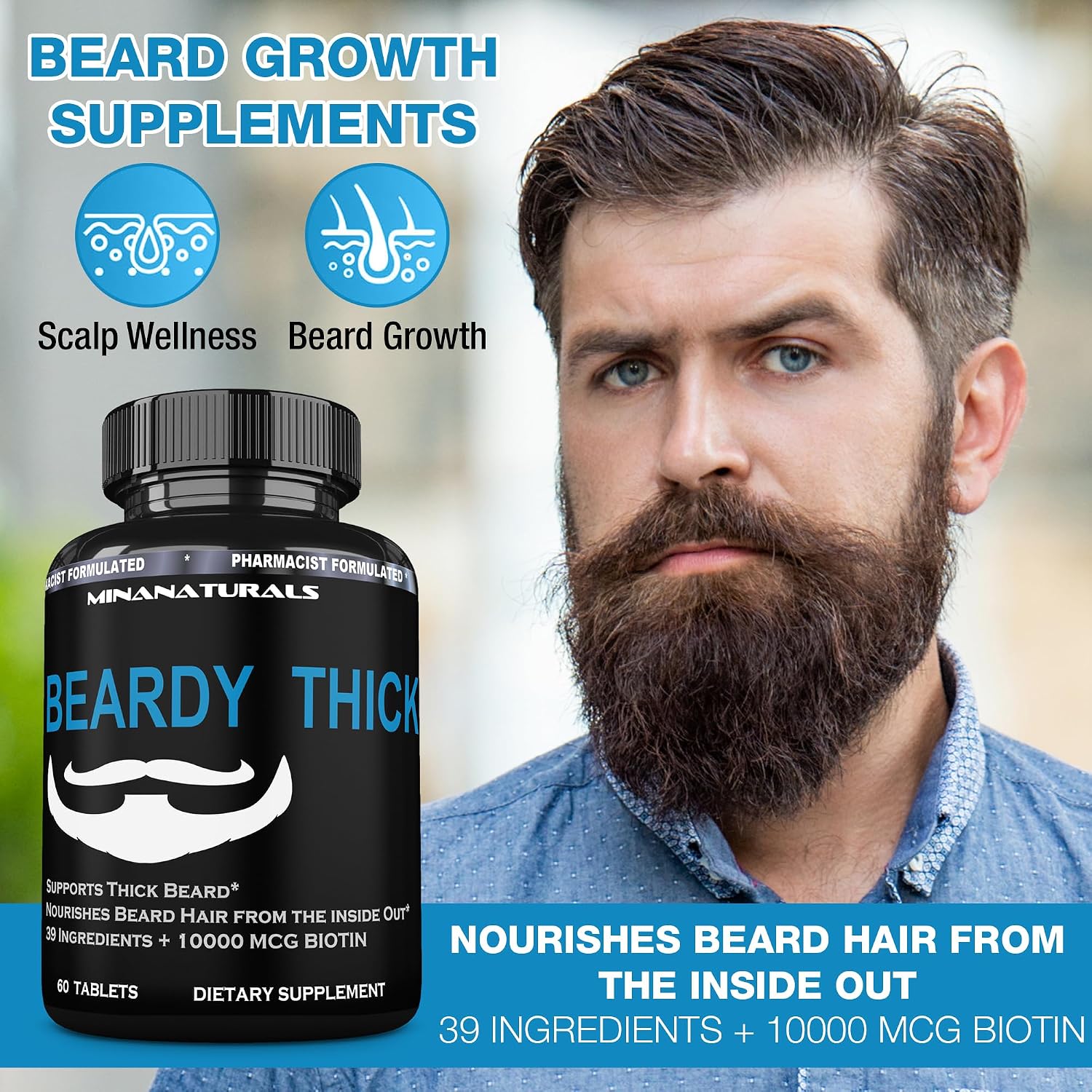 BEARDY Suplemento para Barba con Biotina 10000 mcg, Keratina, Colágeno, Silicio - 60 Comprimidos