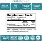 B-3 Nicotinamida 500 mg, 100 Cápsulas - Vitamina B3 Sin Rubor