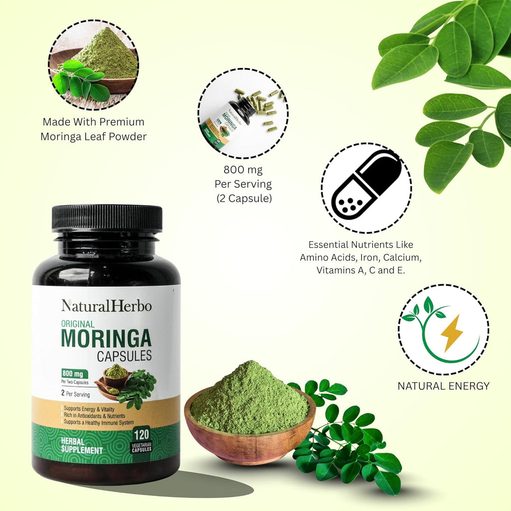 Cápsulas de Moringa Pura - Extracto de Hoja de Moringa para Energía Natural, Digestión y Bienestar Diario | Superfood Verde Vegano | 120 Cápsulas (800mg)