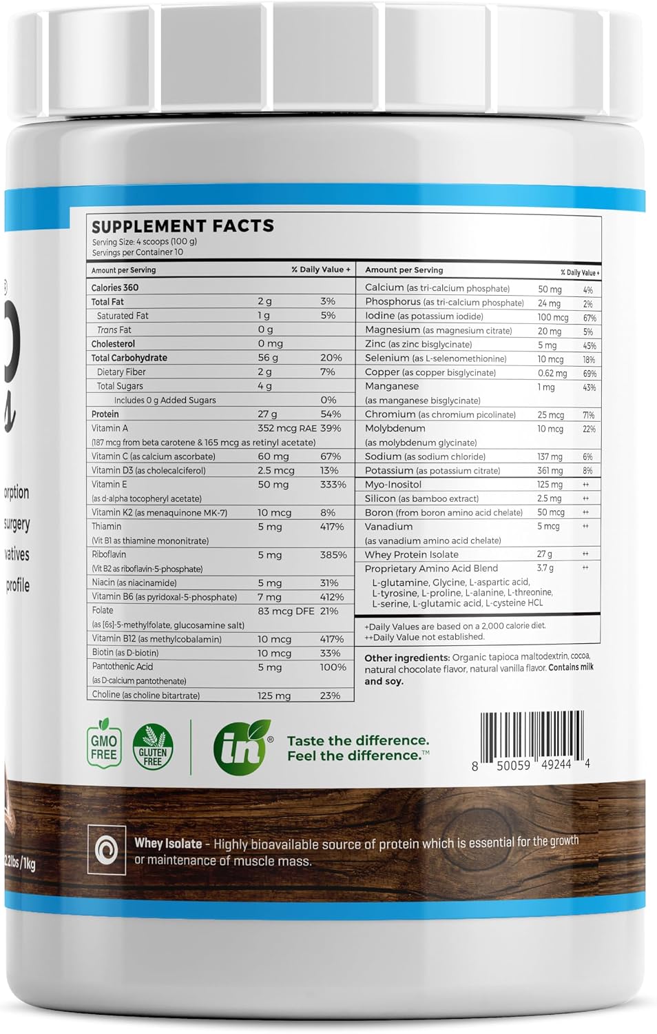 Absorb Plus Isolate Protein - Suplemento proteico semielemental con vitaminas y minerales (1 kg, Chocolate sin endulzar)