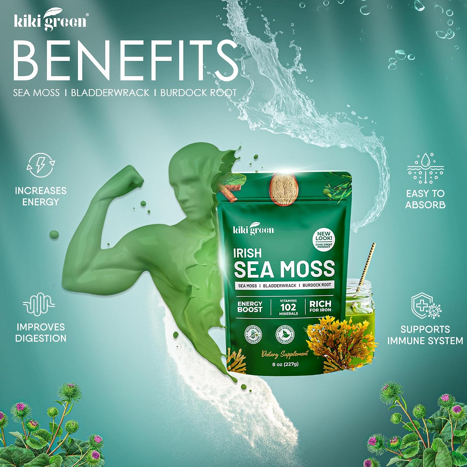 Irish Sea Moss Powder 8 Oz - con Bladderwrack y Burdock Root - Suplemento Vegano y Sin Gluten