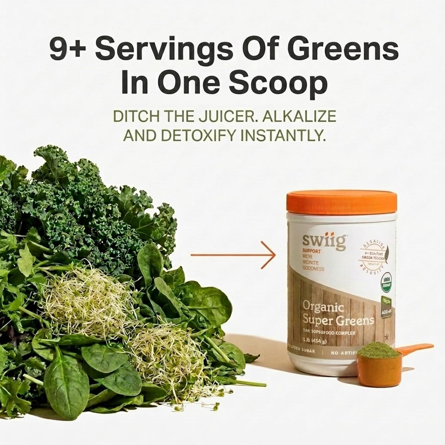 swiig Organic Super Greens Powder - Superalimento en Polvo Orgánico, Vegano, 90 Porciones (454 g)