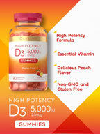 Carlyle Vitamin D3 Gummies 5000 IU (125 mcg) | 90 Count | Peach Flavor | Vegetarian, Non-GMO & Gluten Free Supplement