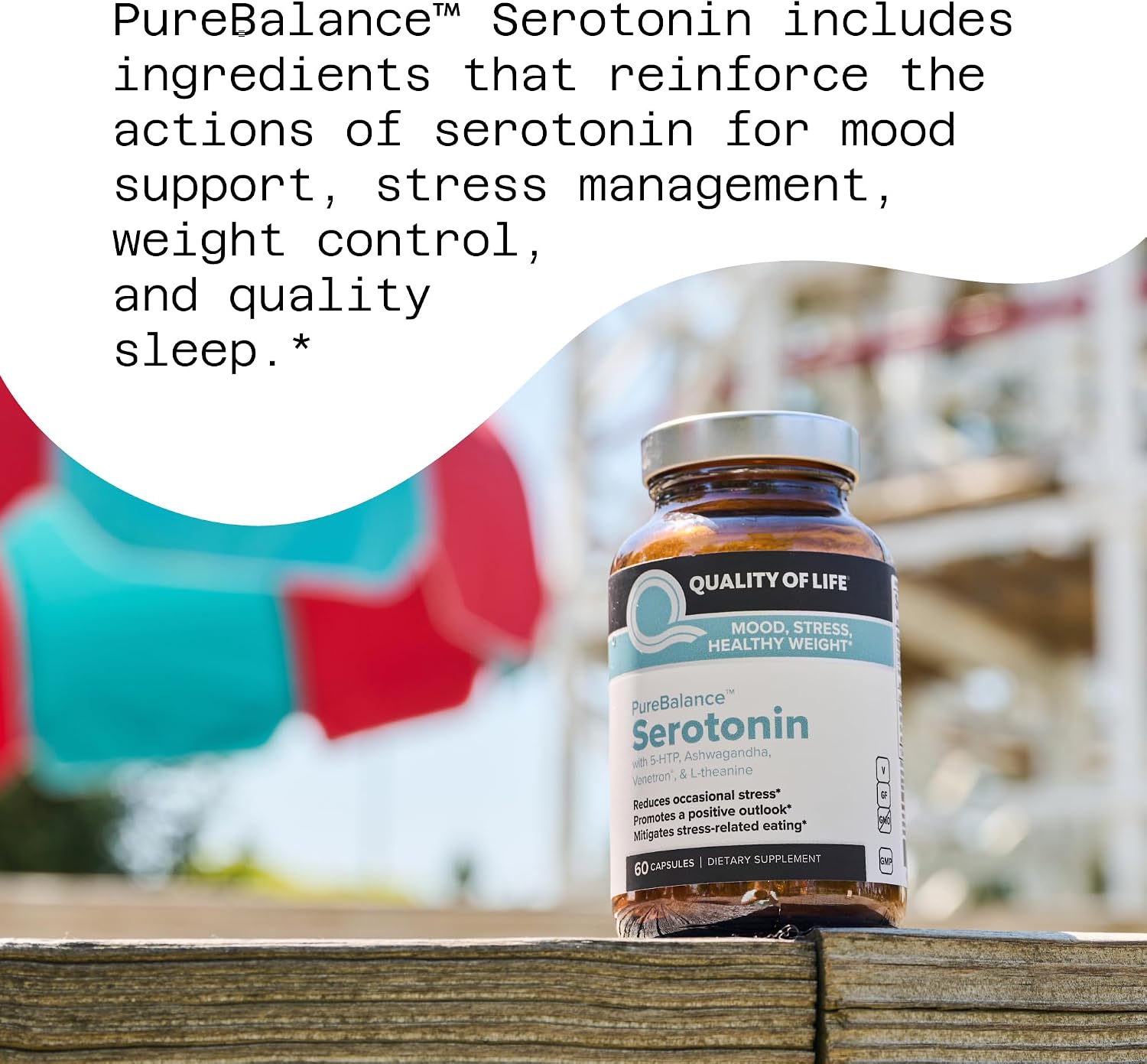 Quality of Life Pure Balance Serotonin Premium – 5-HTP, Venetron, Sensoril, Vitamina D3 y L-Teanina – 60 Cápsulas