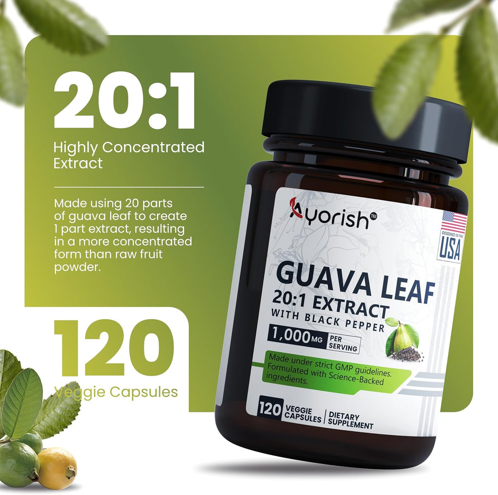 Ayorish Cápsulas de Hoja de Guayaba 1000mg 120 unidades Extracto 20:1 con Pimienta Negra