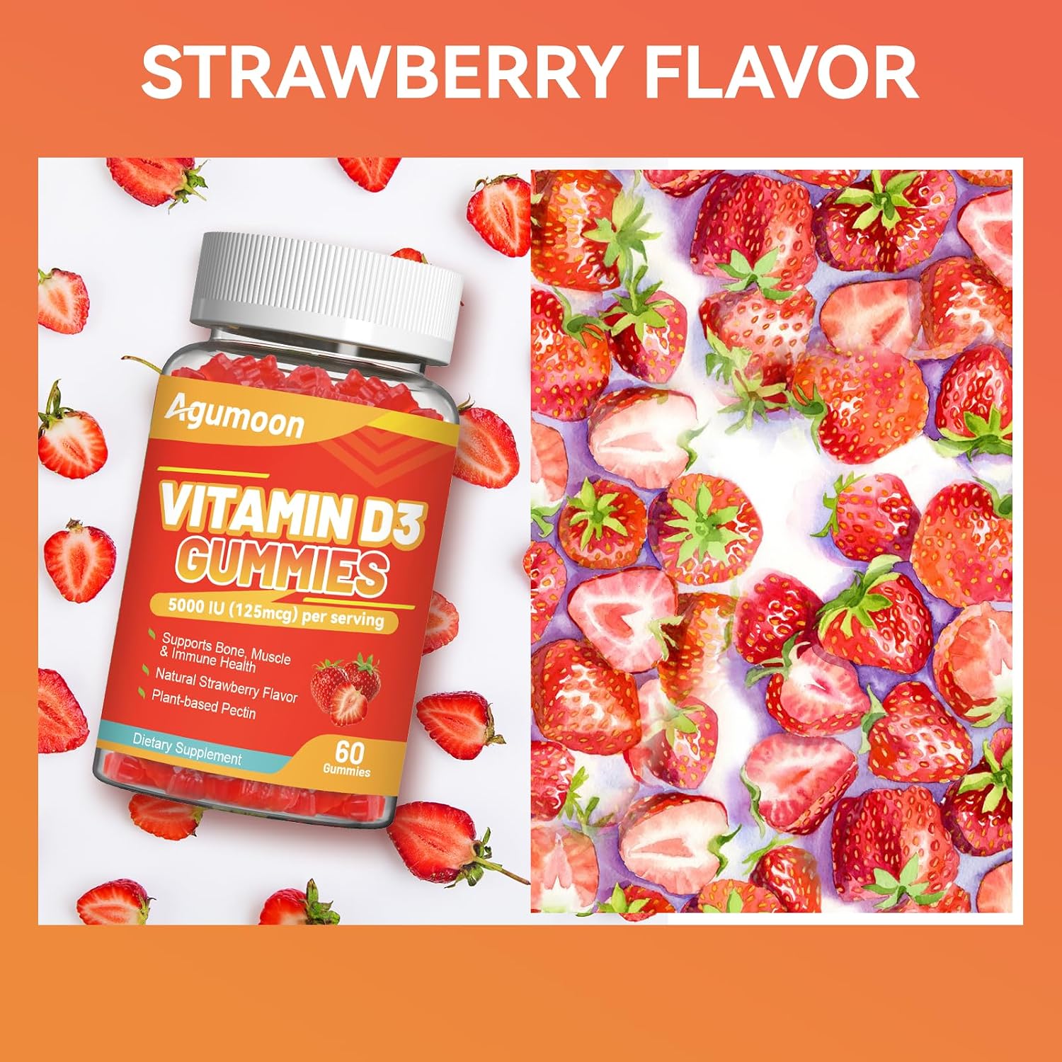 Agumoon Vitamina D3 5000 UI (125 mcg) Gomitas para Adultos - Apoyo Inmune, Huesos y Músculos - Sin Gluten, No GMO, 60 Gomitas Sabor Fresa