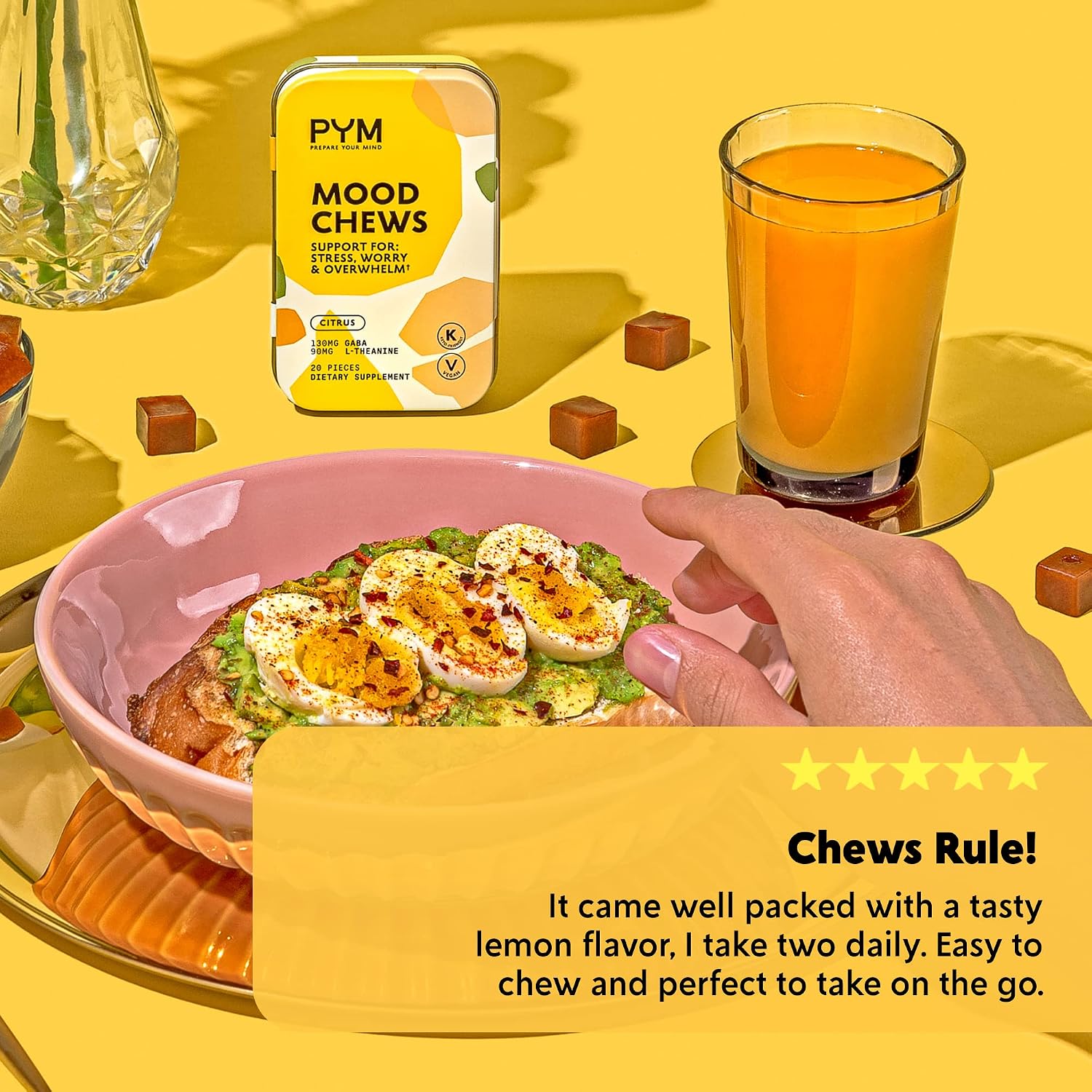 PYM Citrus Mood Chews – Apoyo para el Estrés, 120 unidades | 130mg GABA, 90mg L-Teanina | Vegano, Sin Gluten, Sin Azúcar Añadido