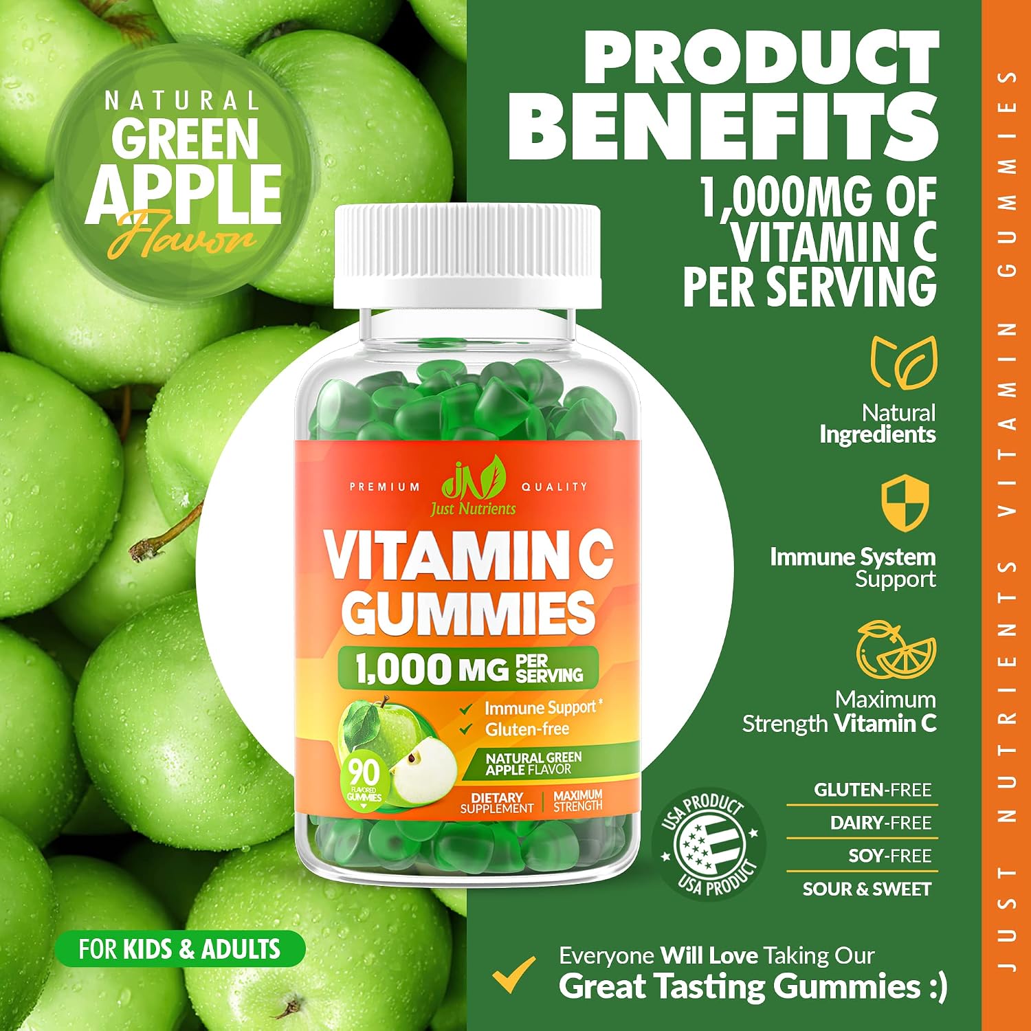 Vitamin C 1000mg Gummies (90 Count) - Maximum Strength Chewable Immune Support & Collagen Support for Adults & Kids - Natural Green Apple Flavor - Gluten Free, Non-GMO, Vegetarian - 90 Gummies