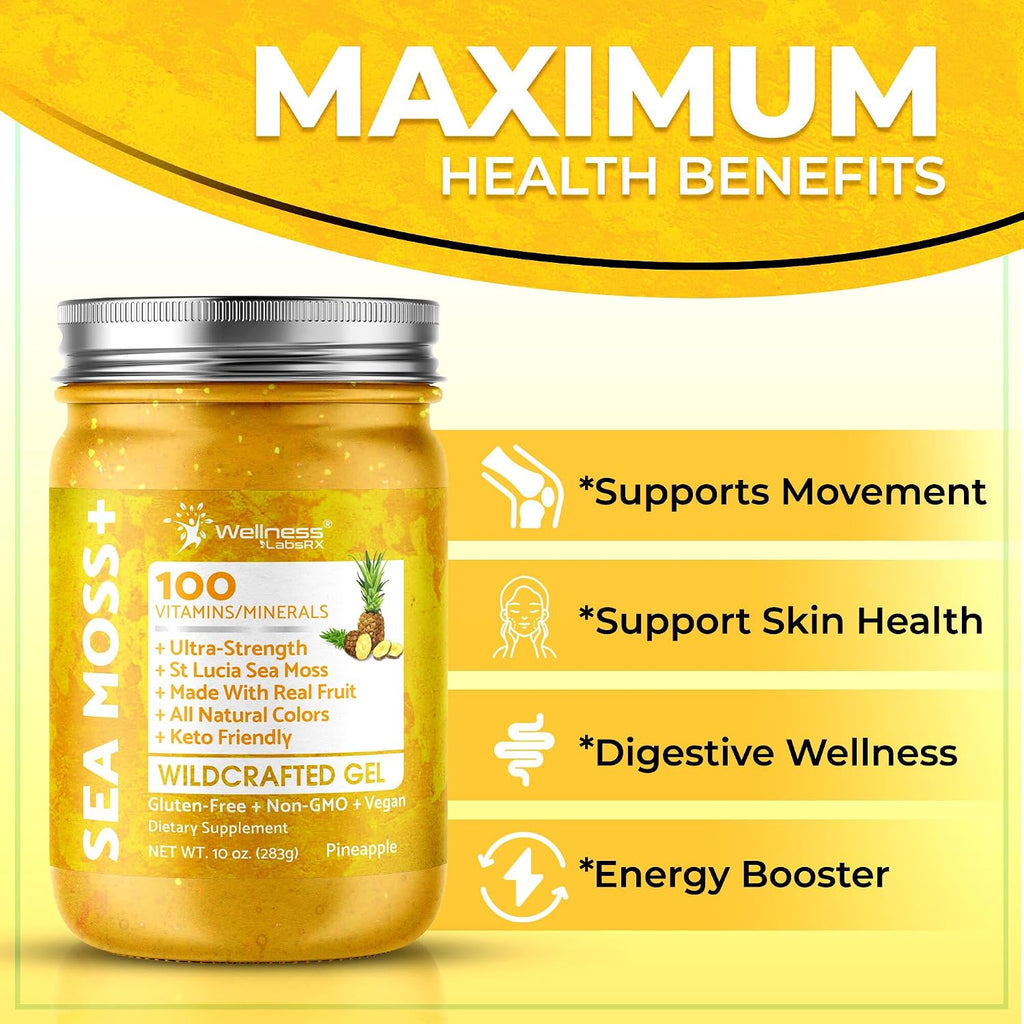 WELLNESS LABSRX Irish Sea Moss Gel Raw - Wildcrafted Superfood Seamoss Gel - Sabor Piña - 10 oz (283 g)