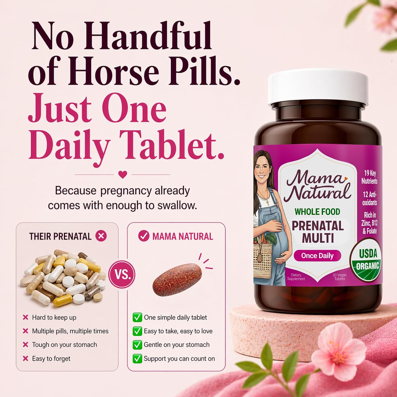 Vitaminas Prenatales Orgánicas Mama Natural - 30 Dosis, Vegano, Sin Gluten, Con Folato