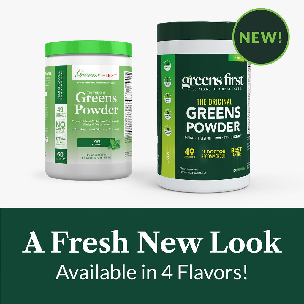 Greens First Original Greens Powder - 49 superalimentos - frutas y verduras orgánicas - prebióticos, probióticos y enzimas digestivas - batido antioxidante - sin lácteos, vegano y no-GMO (menta, 60 raciones)