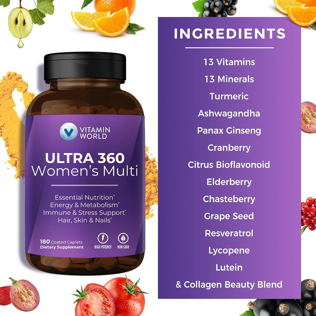 Vitamin World Ultra 360 Multivitamínico para Mujeres con Colágeno y Hierbas - 180 Comprimidos