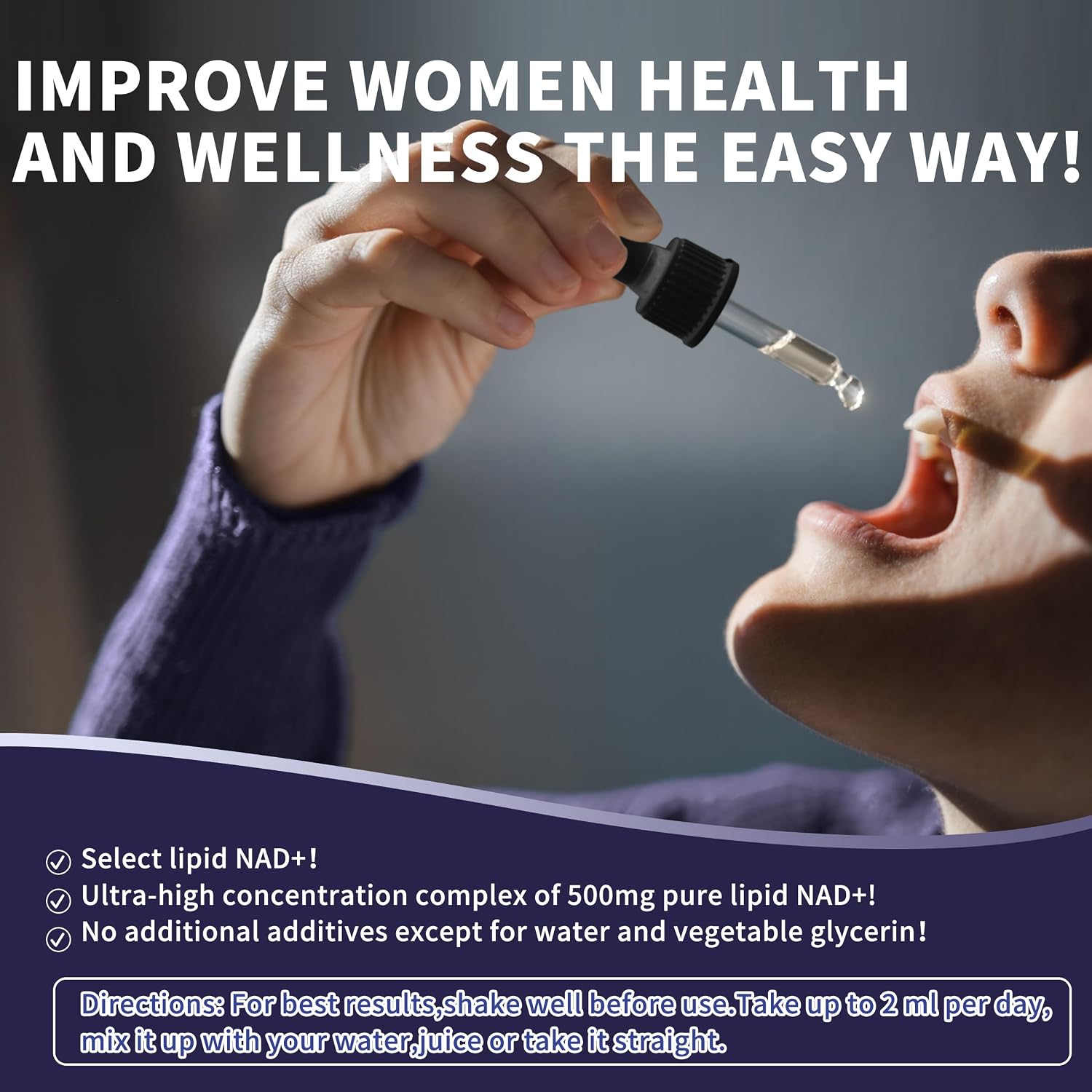 Women's NAD Liquid Supplement, Pure 500mg Liposomal NAD - Cell Regeneration, Energy Support, Vegan, Sugar Free, Additives Free