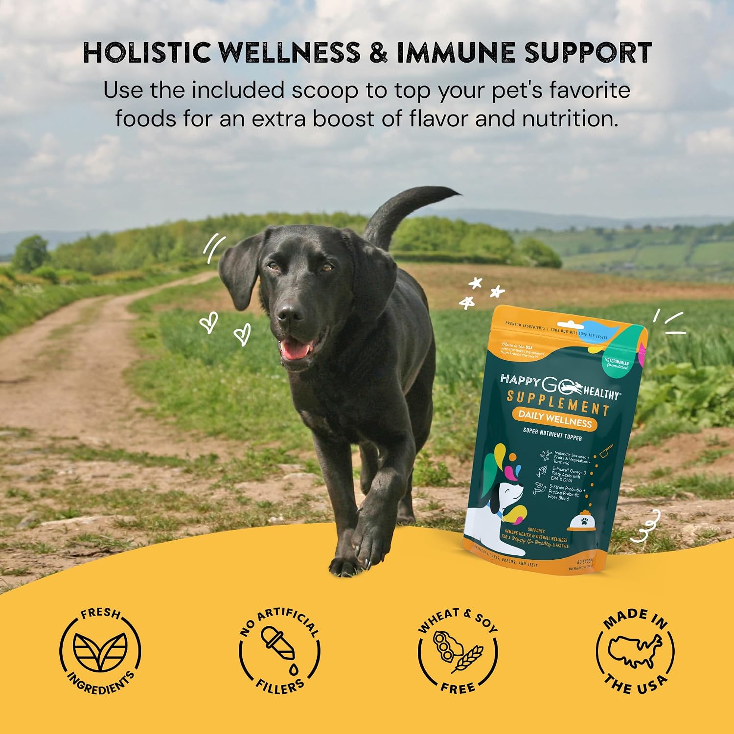 Daily Wellness Suplemento para Perros con Probióticos y Prebióticos, Aceite de Salmón y Algas Marinas - 60 unidades
