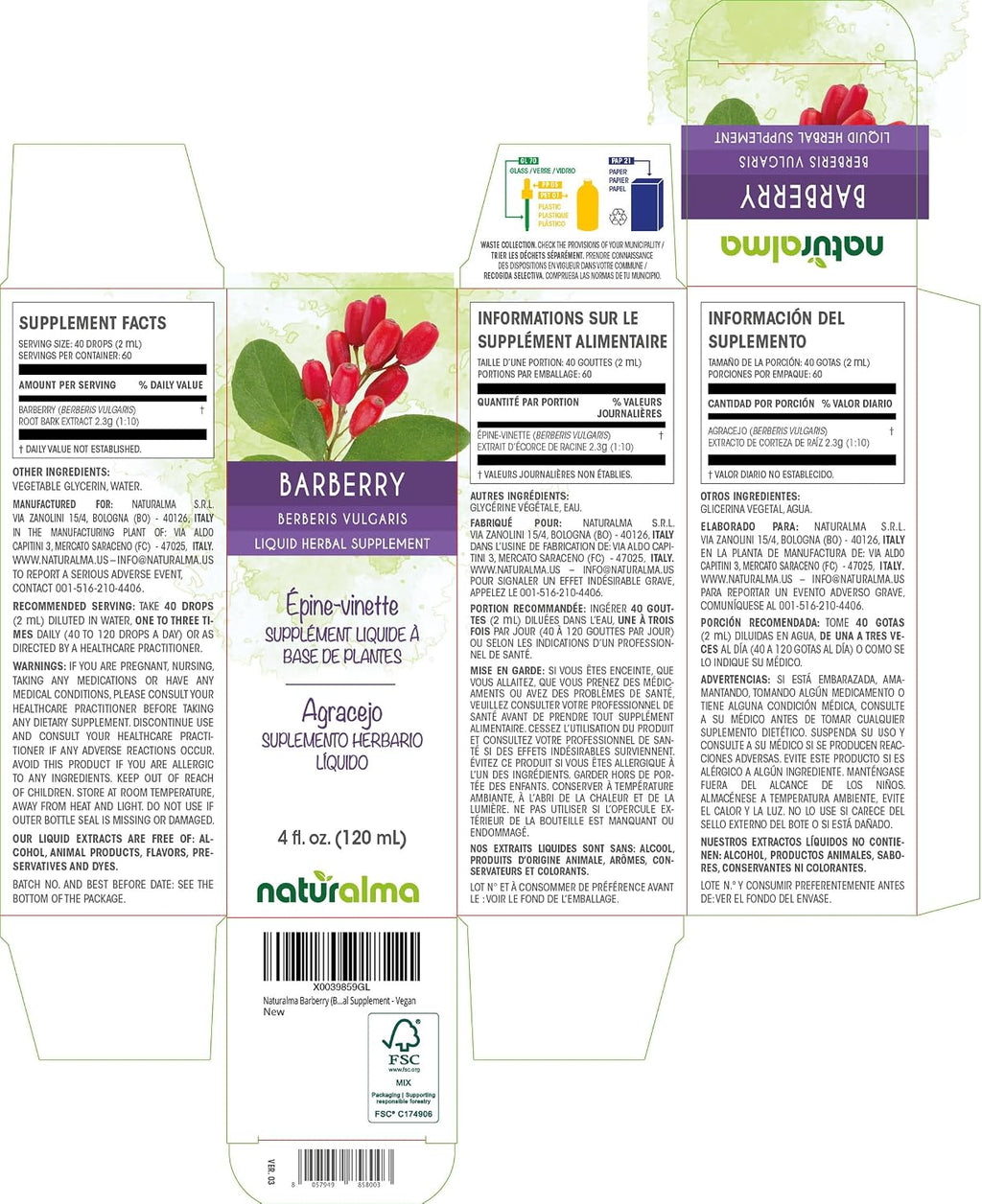 Naturalma Tintura de Agracejo (Berberis vulgaris) sin Alcohol - Extracto Líquido 118 ml - Complemento Herbal Vegano