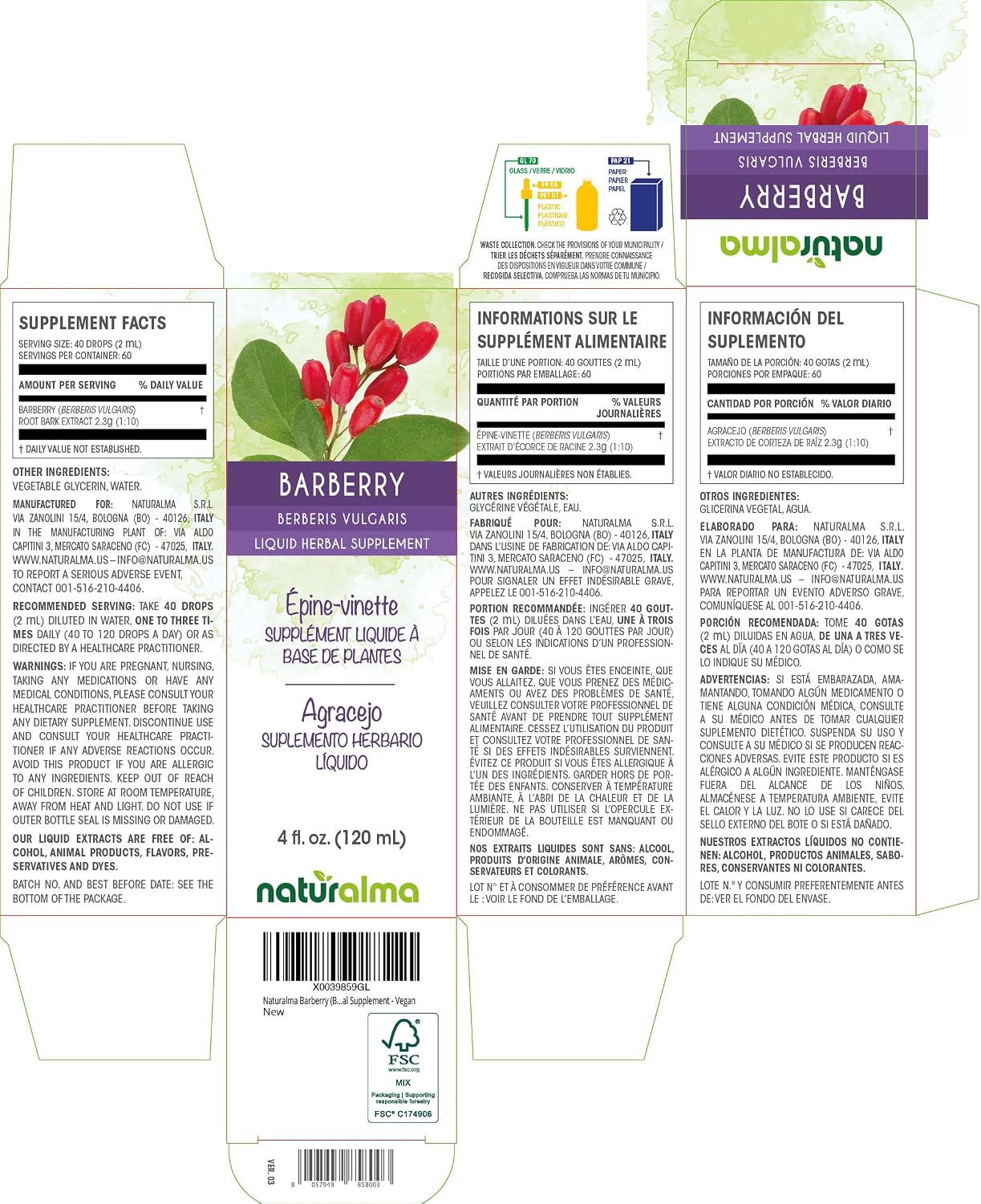 Naturalma Tintura de Agracejo (Berberis vulgaris) sin Alcohol - Extracto Líquido 118 ml - Complemento Herbal Vegano